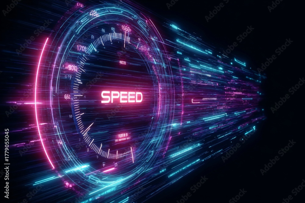 Obraz premium Futuristic Digital Speedometer Display with Data Visualization and Internet Connection Diagnostics