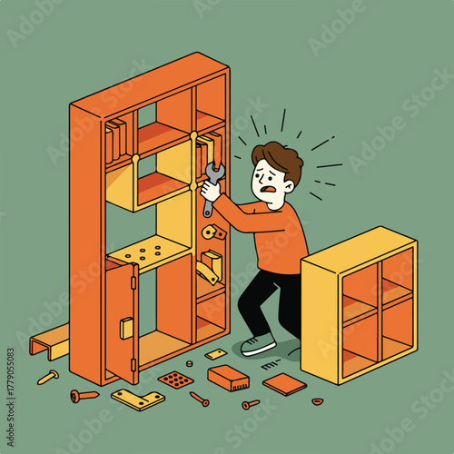 A stressed man struggles with furniture assembly, using a wrench. Unfinished bookshelf with scattered parts. Frustrated expression