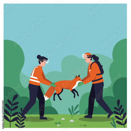 Two figures, in orange, are carefully lifting an orange fox, set in a forest illustration
