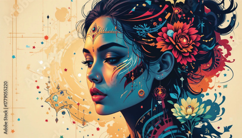 Afro Woman Side Profile with Tribal Patterns and Gradient Vector Design.