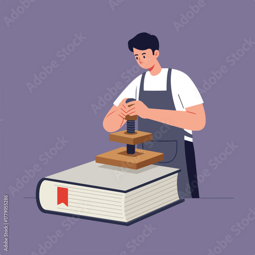 An illustrated person binding a large book with a screw press, showcasing traditional craftsmanship