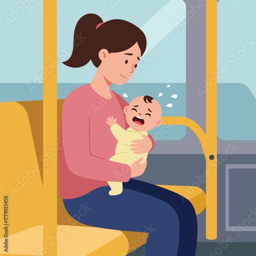A cartoon mother cradles her crying baby on a bus, the interior rendered in muted colors