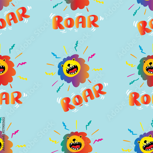 Seamless pattern with funny cartoon lion. Colorful vector background.