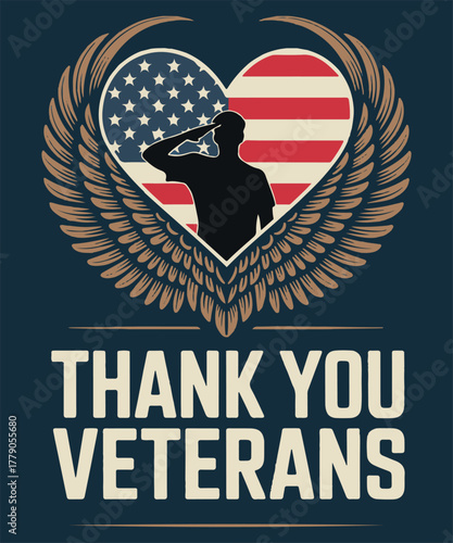American Patriotic Heart Flag with Soldier Silhouette, Eagle Wings, and “Thank You Veterans” Text