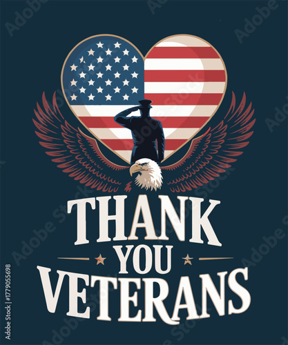 American Patriotic Heart Flag with Soldier Silhouette, Eagle Wings, and “Thank You Veterans” Text