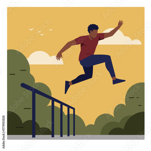 An illustration shows a man leaping over a railing, birds fly above, against a backdrop of foliage and sky