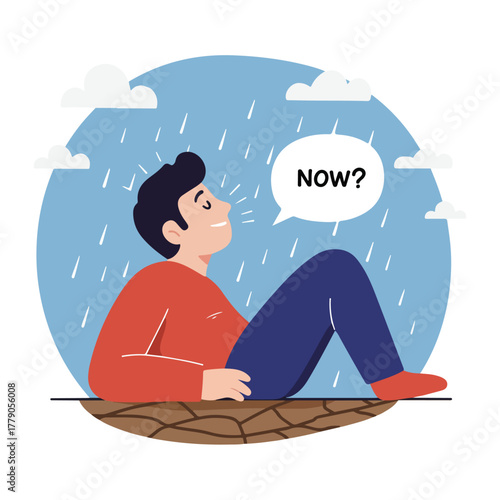 A cartoon shows a person under rain with the word "Now?" in a bubble. He's smiling