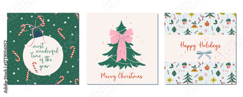 Merry Christmas prints set for card, poster, banner, cover template. Cute Happy Holidays retro style square greening cards. Hand drawn flat design vector illustrations.