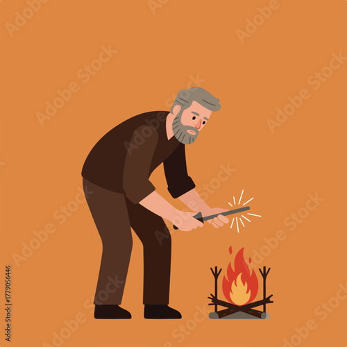 A gray-haired man uses a fiery stick to ignite a campfire, flames erupting. Brown tones on orange background