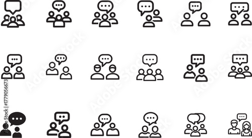 Set of black and white communication icons representing discussions and meetings
