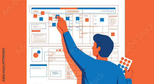 Person interacting with Kanban board, choosing sticky notes