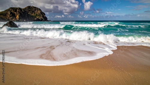 Coastal scene captures turquoise waves crashing on sandy beach with rock formation and cloudy skies