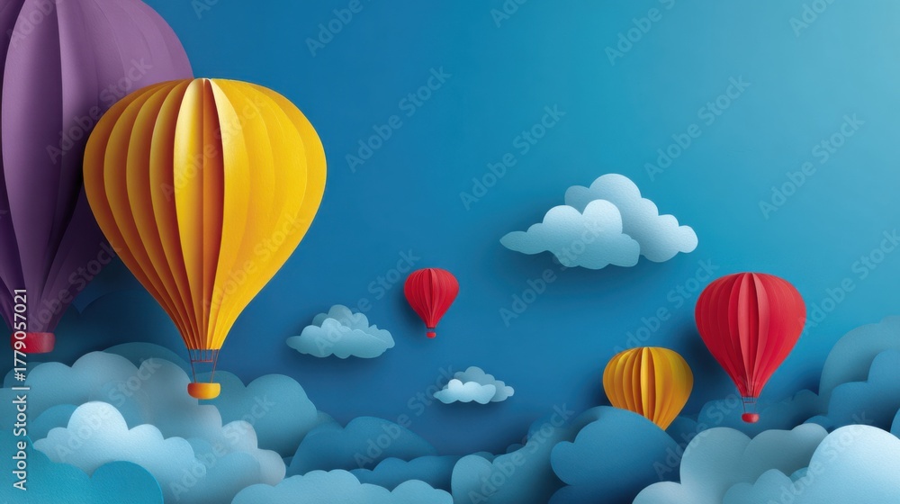 Obraz premium Paper balloons float in the sky among layered clouds. Bright colors, gradients, and a sense of lightness create an atmosphere of dreaminess and travel.