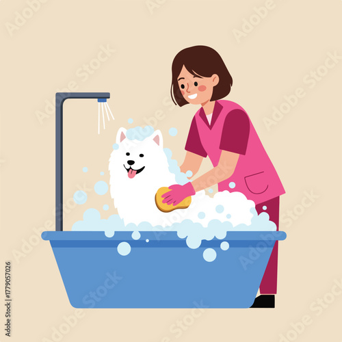 An illustration shows a person washing a fluffy white dog in a blue tub, surrounded by bubbles