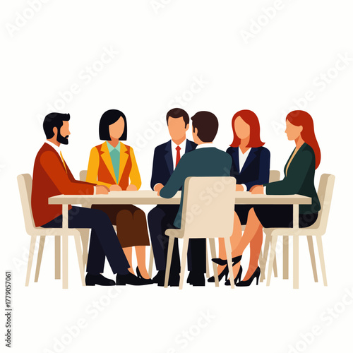 A diverse group of business professionals engages in a collaborative meeting around a table, sharing ideas and strategies.