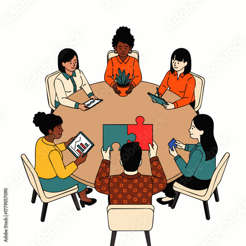 A diverse group of colleagues collaborates around a table, symbolizing teamwork and problem-solving with puzzle pieces.