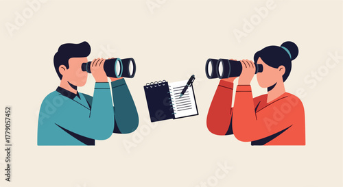 Two people using binoculars and a notebook