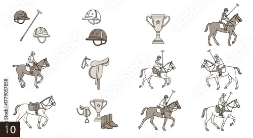 Polo sport equipment and players on horses, elegant design for athletic lifestyle  and recreation