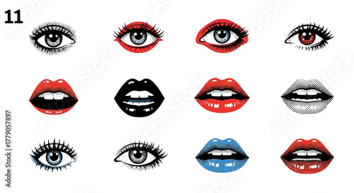 Expressive graphics featuring illustrated eyes and lips with varied colours and styles