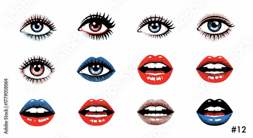 Whimsical vector collage with stylized eyes and lips in vibrant hues against a white backdrop