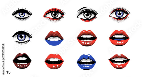 Creative composition featuring stylized graphic eye and lip illustrations, showcasing bold colors