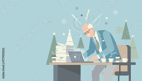 Stressed senior businessman working overtime during the holidays with large piles of paper
