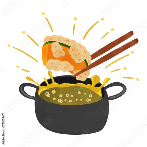 油はねしている揚げ物鍋とかぼちゃの天ぷら　水彩風手描きイラスト