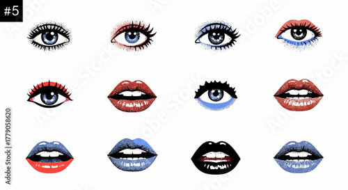 Whimsical collection of expressive eyes and lips in varied styles and vibrant hues