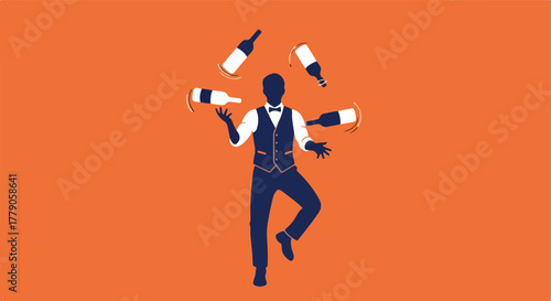 Bartender juggling bottles in the air on orange background