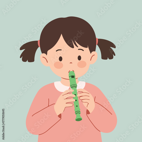 Illustration of a young girl with pigtails playing a green recorder, wearing a pink outfit