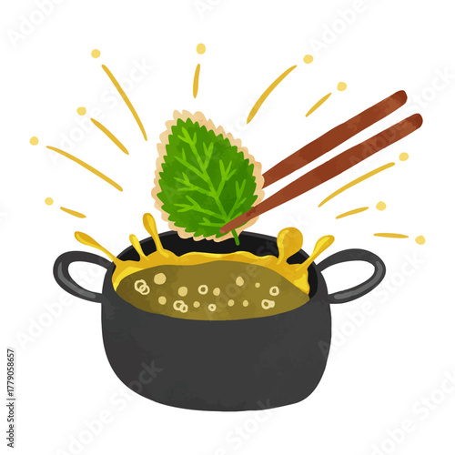 油はねしている揚げ物鍋と大葉の天ぷら　水彩風手描きイラスト