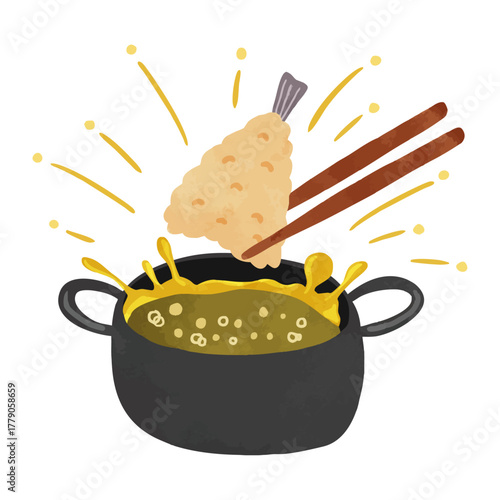 油はねしている揚げ物鍋ときすの天ぷら　水彩風手描きイラスト