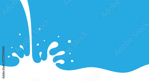 Milk Splash Wave Vector Background Template. Yogurt Stain Shape with Drips Graphic Border Frame. Pouring Cream Flow Flat Illustrations with Drops and Splashes on Blue Background