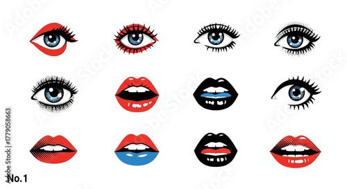 Varied collection of stylized pop-art eyes and lips isolated on a clean white backdrop
