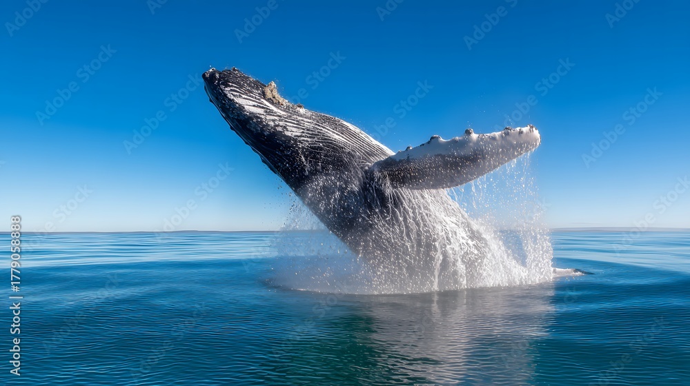 Fototapeta premium Powerful Leap. Humpback Whale leaping in Open Water.