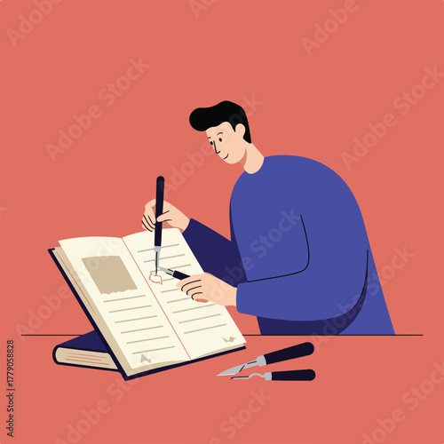 A person in a blue shirt is writing in a book, and two scalpels are laid next to the book on the table