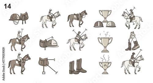 Outlined polo equestrian sports icons featuring riders horses trophies and equipment illustration