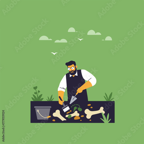 An archaeologist with tools is digging at an outdoor site, with bones and a bucket. Clouds and birds appear