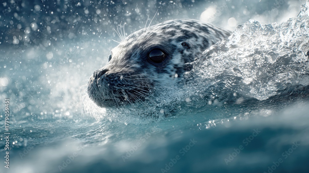 Obraz premium Adorable spotted seal swimming gracefully through crystal-clear ocean water with dramatic splashing and bubbles creating a magical aquatic scene