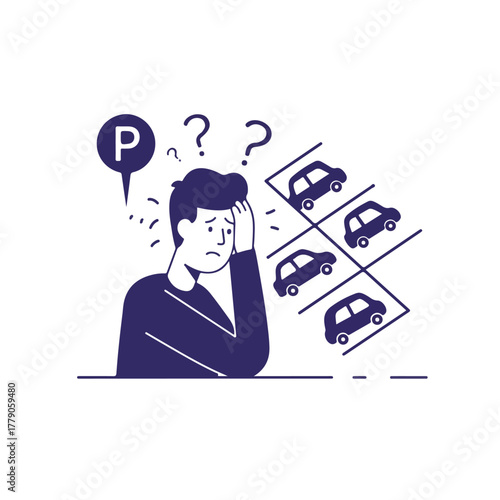 A perplexed figure ponders parking near full spaces. Question marks and a P symbol above. Cars fill the designated area