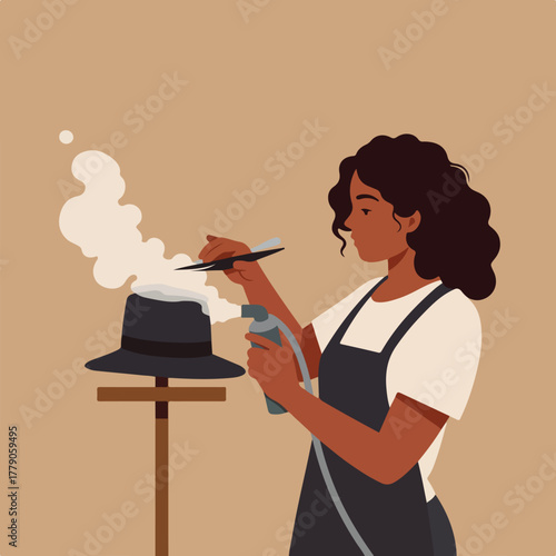 An illustration depicting a person reshaping a hat with steam and tools, wearing an apron