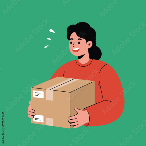 A cheerful person is holding a brown box, likely a package delivery, against a green background