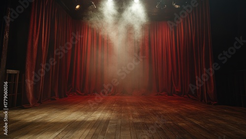 Dramatic stage with red curtains and atmospheric lighting evokes performance