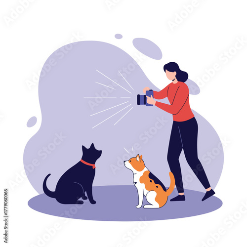 A woman is taking pictures of two dogs with a camera, abstract background
