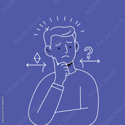 Illustration of a man pondering choices, with arrows and a question mark. His thought lines are visible