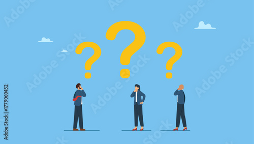 Diverse business people team thinking with question mark symbol. Confused business team finding answer or solution to solve problem, work question or doubt and suspicion in work process.