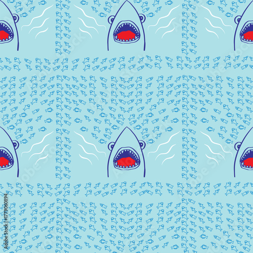 Seamless vector pattern with sharks and fish. Vector illustration.