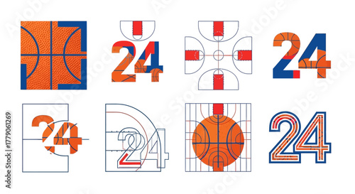 Creative conceptual basketball design, number 24 variations on isolated background vector