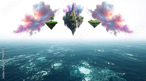 Fantastic Islands Float Above The Serene Ocean Under Soft Clouds In This Dreamy Landscape
