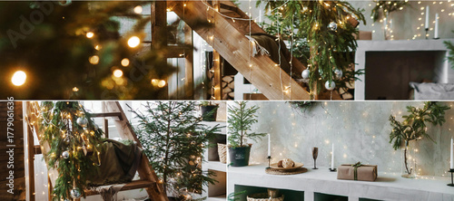 Christmas interior collage with decorative lights and fir trees for holiday home decoration. Festive season celebration concept.